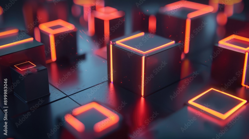 Poster geometric 3d shapes with glowing edges and dark backgrounds, creating a high-tech visual effect.