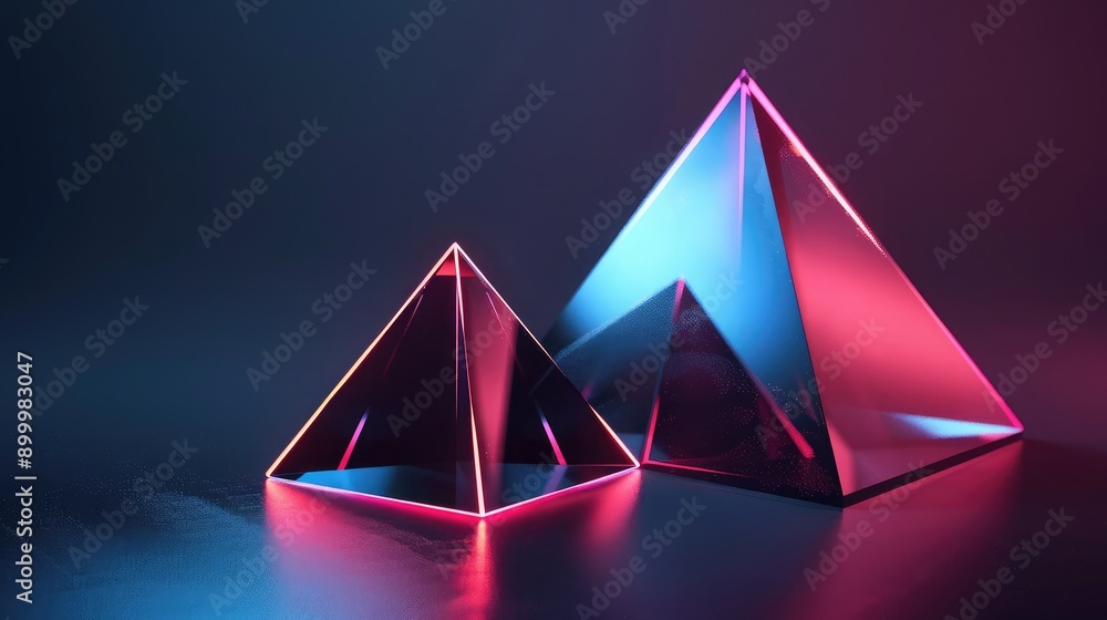 Poster geometric 3d shapes with glowing edges and dark backgrounds, creating a high-tech visual effect.