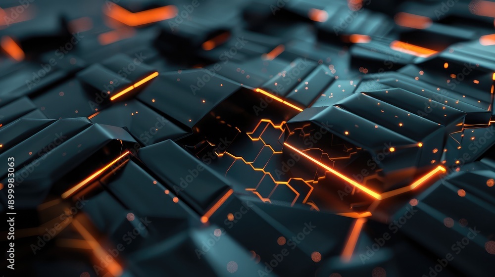 Poster geometric 3d shapes with glowing edges and dark backgrounds, creating a high-tech visual effect.