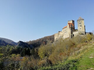 Burg Hardegg a medieval gothic castle in Lower Austria on the border with the Czech Republic, panorama landscape view.
