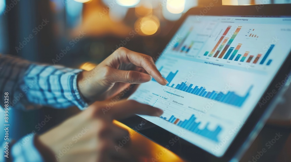 Poster financial consultant pointing at a graph on a tablet, explaining investment performance and projecti