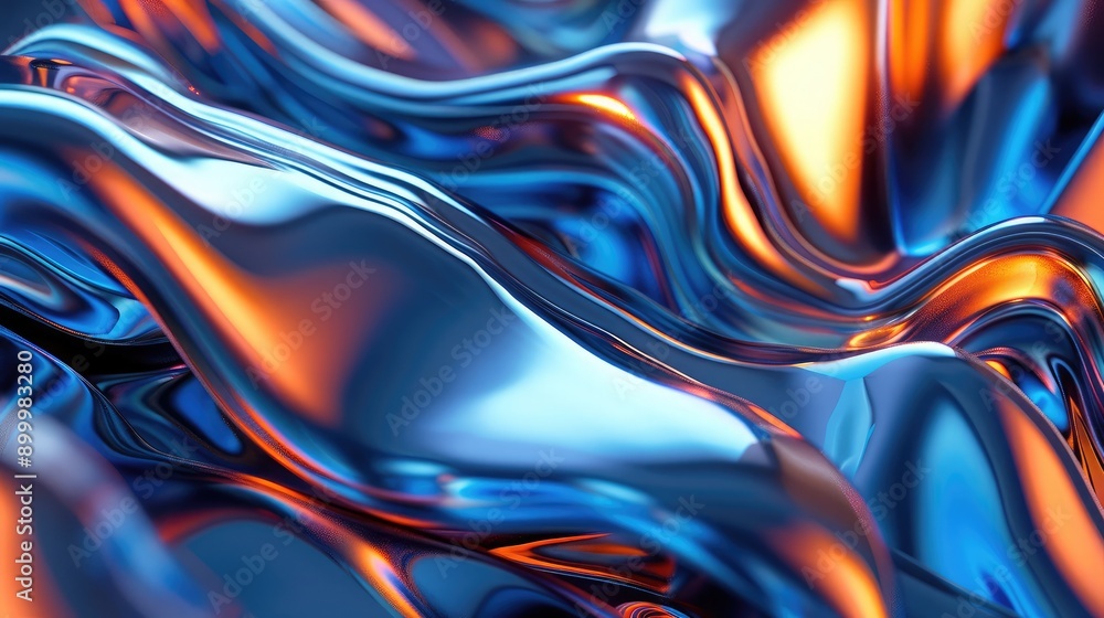 Poster fluid 3d abstract shapes with metallic textures and light reflections, symbolizing advanced technolo