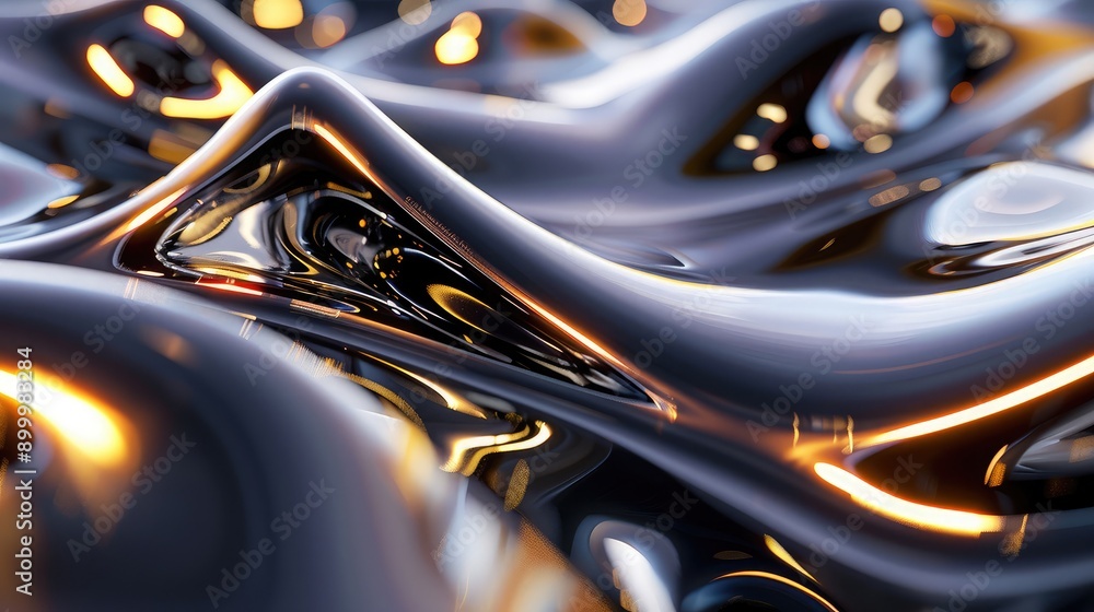 Poster fluid 3d abstract shapes with metallic textures and light reflections, symbolizing advanced technolo