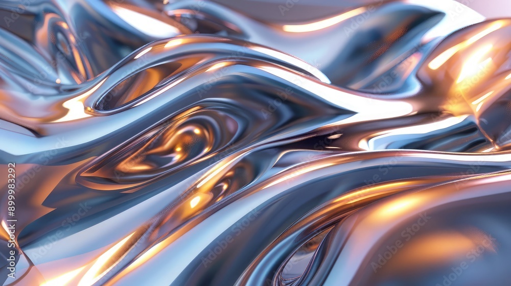 Poster fluid 3d abstract shapes with metallic textures and light reflections, symbolizing advanced technolo