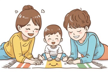 Family illustration with parents and children playful scene vibrant colors cheerful expressions cute cartoon style digital art bonding love and joy cozy atmosphere