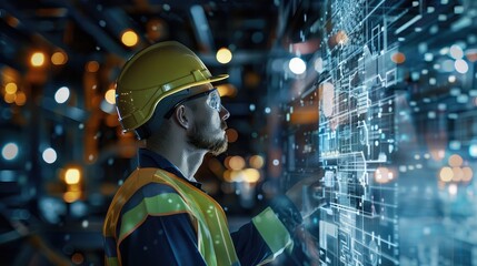 Engineer examining site plans, combined with digital network graphics, representing technological advancements.