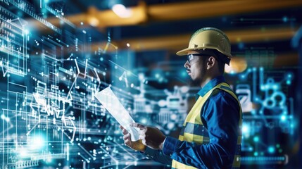 Engineer examining site plans, combined with digital network graphics, representing technological advancements.