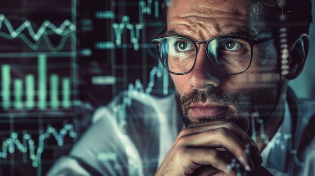 Graphs and charts overlaying a businessman's thoughtful expression, illustrating the complexities of investment planning.