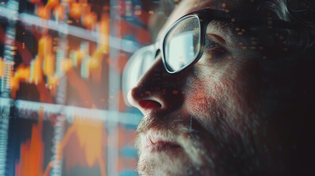 Graphs and charts overlaying a businessman's thoughtful expression, illustrating the complexities of investment planning.