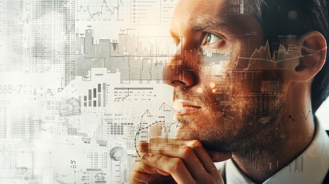 Graphs and charts overlaying a businessman's thoughtful expression, illustrating the complexities of investment planning.