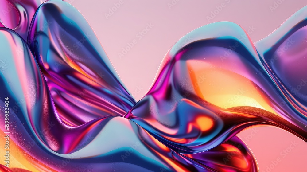 Poster fluid 3d shapes with metallic textures and gradient colors, representing advanced technology.