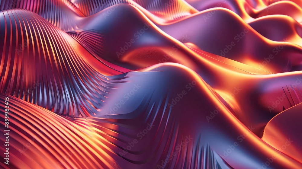 Poster fluid 3d shapes with metallic textures and gradient colors, representing advanced technology.
