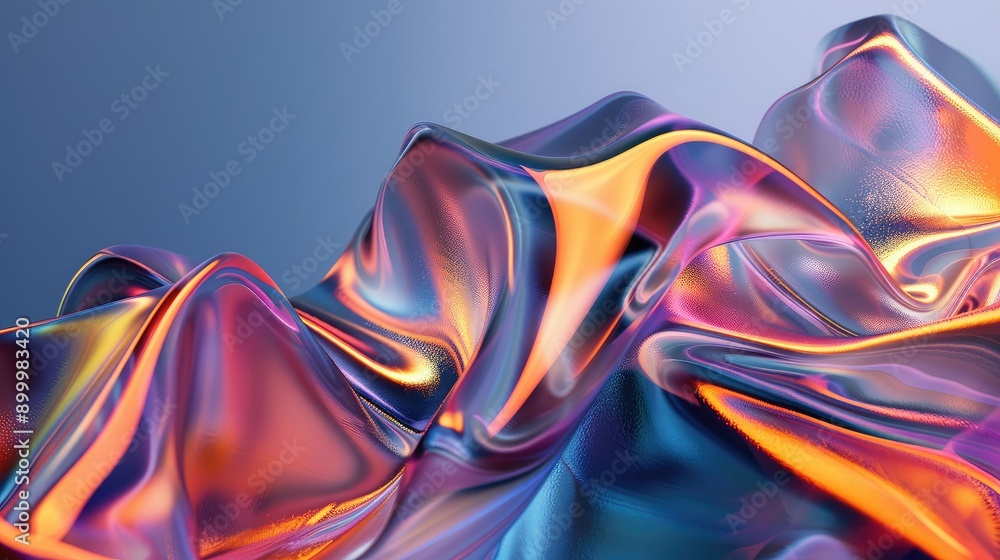 Poster fluid 3d shapes with metallic textures and gradient colors, representing advanced technology.