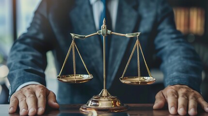 A lawyer's hands rest on a wooden desk with scales of justice in the foreground.