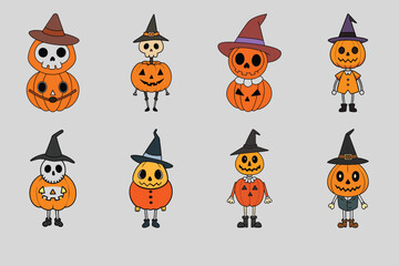 Halloween Pumpkin Funny Monster with Skeleton Body and Witch Hat