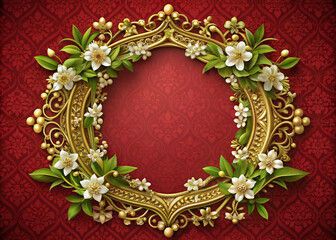 Delicate white flowers and lush greenery surround an ornate gold frame, adorned with intricate patterns, resting on a soft, velvety red background.