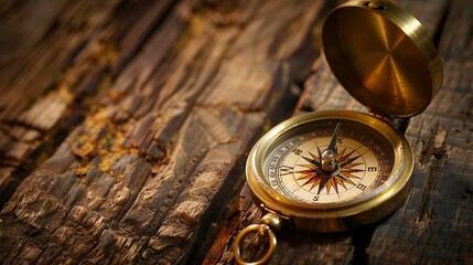 Antique compass on a wooden surface.