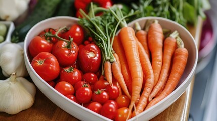 Fresh vegetables in a heart-shaped bowl on a nutritionist's desk, symbolizing love for healthy food.