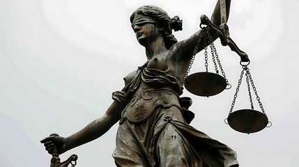 The Lady Justice statue with a blindfold and a sword in her left hand and a scale in her right hand.