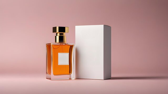 Brown glass perfume bottle mockup with white perfume box isolated on  minimalist background