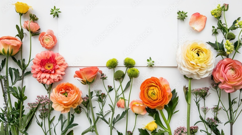 Sticker Beautiful flowers and blank note from above on white background Ample space