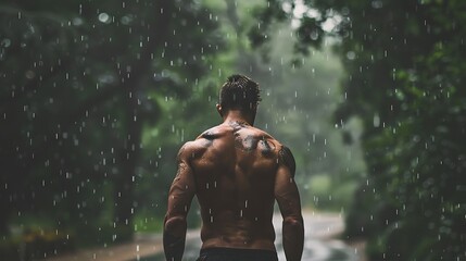 Muscular man with tattoos standing in the rain in a forest.