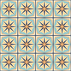 Geometric seamless pattern of square tiles with abstract star shape. Traditional oriental orange and blue decorative ornate azulejos. Abstract vintage background. Vector illustration.