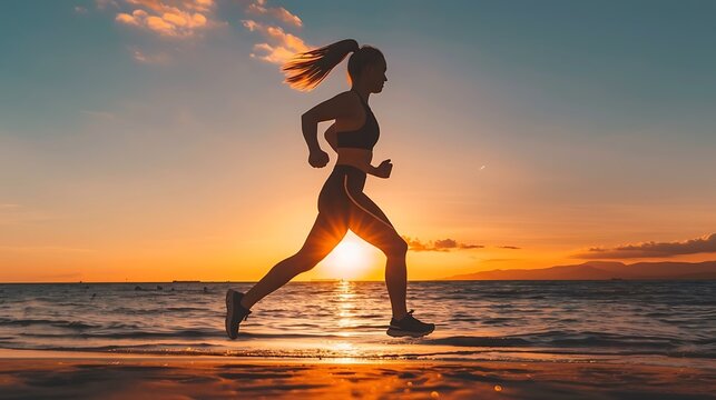 Silhouette of a woman running on a beach at sunset.