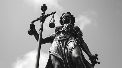 Black and white photo of Lady Justice statue holding scales of justice.