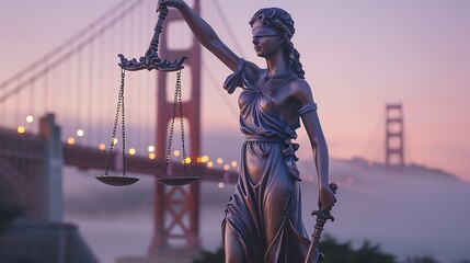 Lady Justice statue holding scales and sword with the Golden Gate Bridge in the background at sunset.