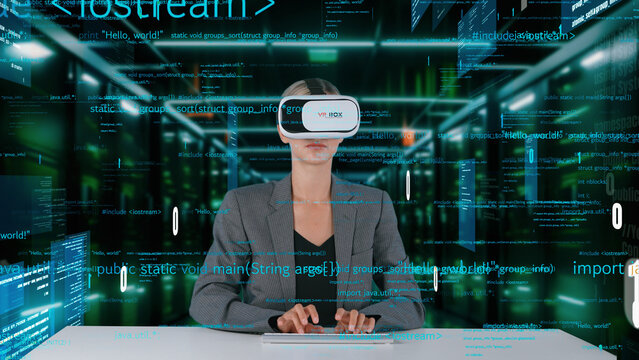 IT developer typing computer code for analyzing intelligent website development coder system data selection by VR innovation interface digital network technology visual hologram server. Contraption.