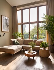 A cozy living room with a stylish sofa, coffee table, and decorative plants, bathed in natur 