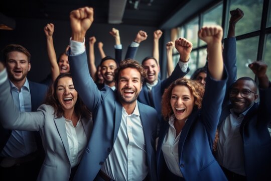 Teamwork triumph: excitement of reaching goals, completing projects with united group, employee appreciation day, celebrating collaborative efforts, dedication of workers in business environment