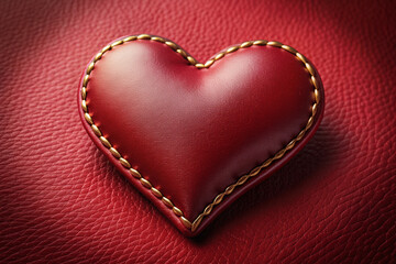 Fototapeta premium Delicate, intricately stitched, crimson leather heart shape adorned with golden accents, lying on a soft, velvety red background, radiating romance and affection.