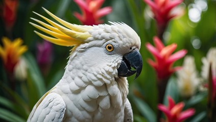 A playful cockatoo, its crest raised in excitement, surrounded by a rainbow of tropical flowers and foliage, its curious gaze inviting you to explore its world.