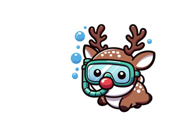 Naklejka premium Swimming reindeer with brown and white fur, snorkeling gear, underwater with bubbles. Creative and quirky illustration merging reindeer with tropical snorkeling activity, unexpected and eye-catching