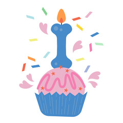 Cupcake, fairy cake, bun, small cake with bone candle. Dogust 1st: Universal Birthday for Shelter Dogs. Birthday party background. Birthday party. Party decoration