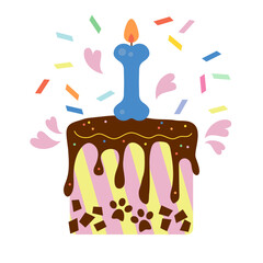 Cake with bone candle. Dogust 1st: Universal Birthday for Shelter Dogs. Birthday party background. Birthday party. Party decoration