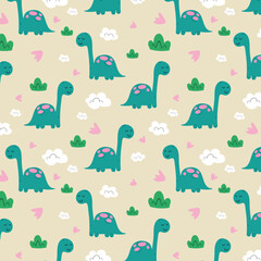 Dinosaurs Vector seamless pattern on a white background. Children s illustration in a funny cartoon style. Scandinavian hand-drawn background is ideal for children s clothing, textiles, wallpaper, etc