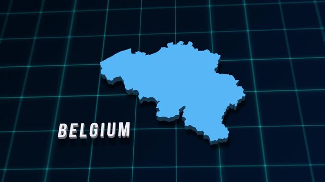 Belgium digital geographic map 3d video on coordinates blue grid. Benelux land country topographic background 4K animation