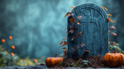 A tombstone with pumpkins and vines in a misty background, evoking a spooky Halloween theme perfect for eerie decorations and graveyard scenes