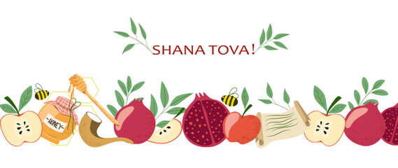 Art background with a postcard for the Jewish holiday Rosh Hashanah in cartoon style. Vector banner with pomegranate, apples, honey, for the design of congratulations, invitations, packaging, cover