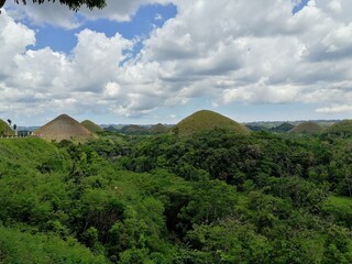 The Chocolate Hills, a geological formation in Bohol, Philippines, panorama landscape view.
