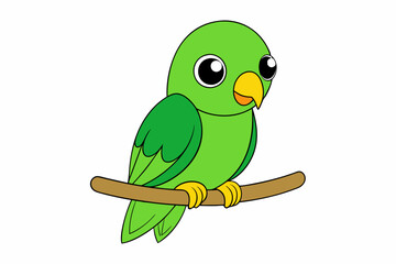 Charming Cute Green Parrot Sitting on Branch Vector Illustration
