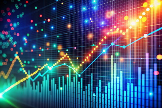 Vibrant scatter plot graph displays strong positive correlation between rising stock prices and increasing trading volume, indicating growing market confidence and investment excitement.