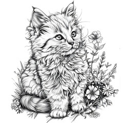 cute cat coloring page for children, fairy tale, flowers
