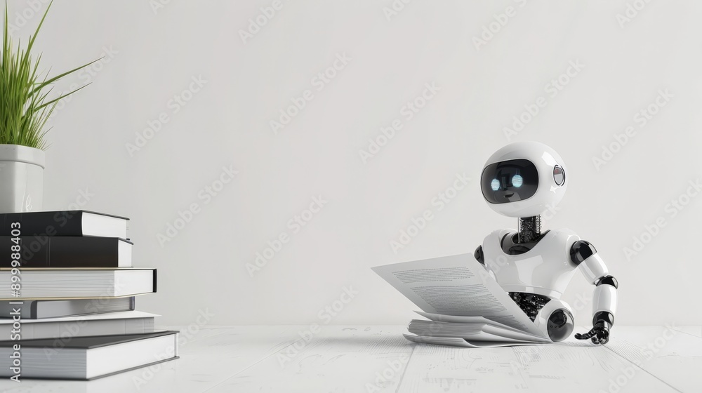 Poster Small robot reading documents beside a stack of books and a potted plant. Concept of AI in educational settings.