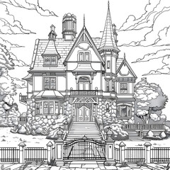 Obraz premium Rich exclusive luxurious mansion coloring page for children and adults. Stress relieving coloring activity for kids and adults. 