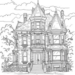 Rich exclusive luxurious mansion coloring page for children and adults. Stress relieving coloring activity for kids and adults. 