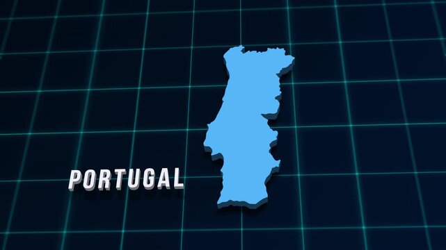 Portugal digital geographic map 3d video on coordinates grid. Iberian Peninsula country geographic background 4K animation news opener